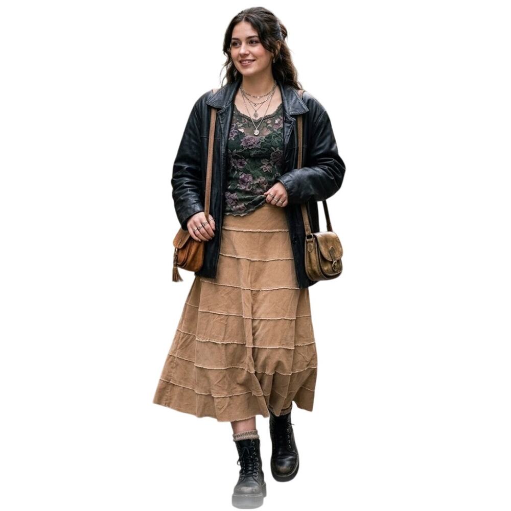 VTG Metro Girl Corduroy Tiered Midi Skirt Tan Boho Y2K Raw Hem Fairy Grunge Sz 8